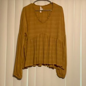 Time and tru, sz XL, mustard color long sleeve v neck ruffle shirt top